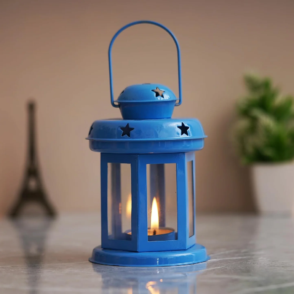 Blue Yellow Metal Wall Hanging Lantern Tea Light Candle Holders Set of 2
